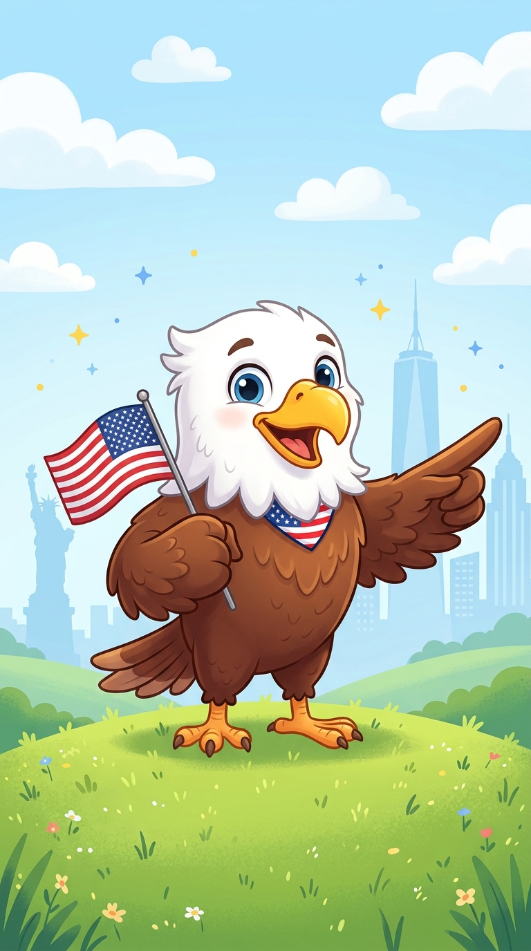 Mascote águia segurando a bandeira americana